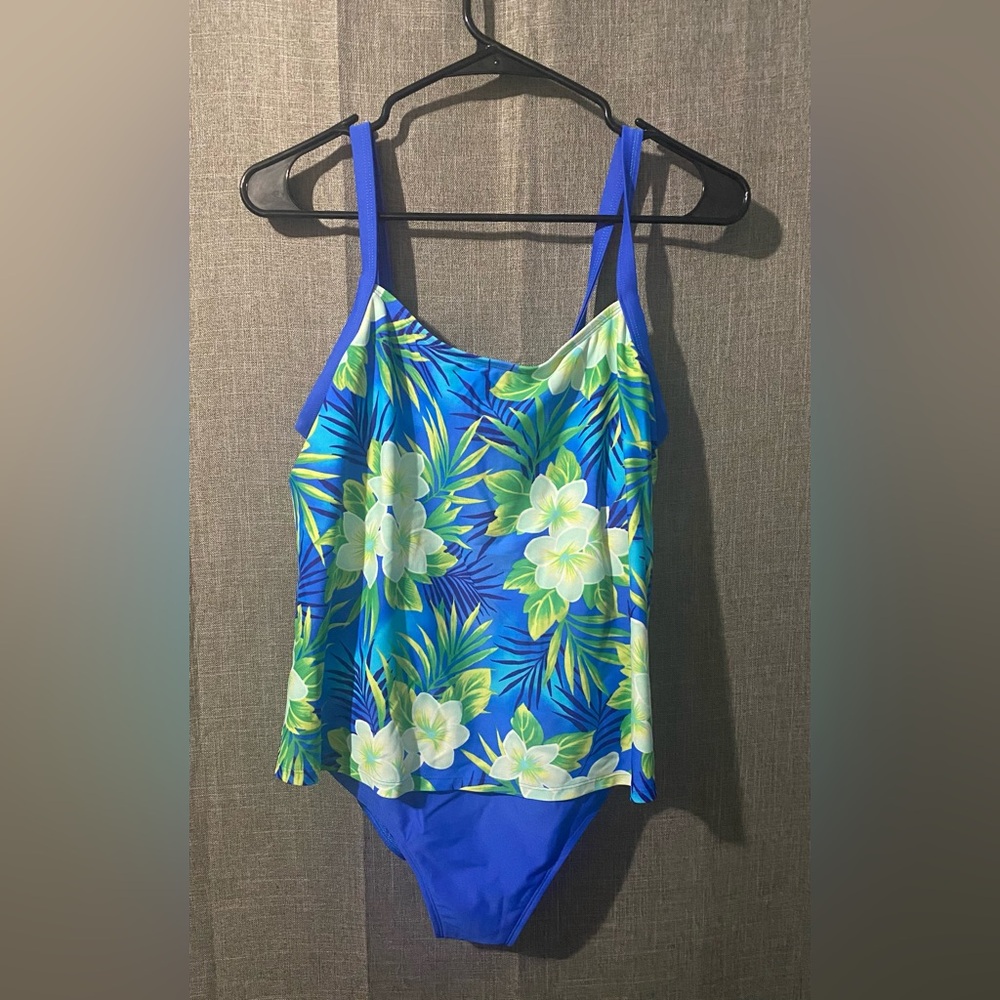 Costa Del Sol One-Piece Swimsuit Women's 16 Blue Green Floral Hibiscus Hawiian